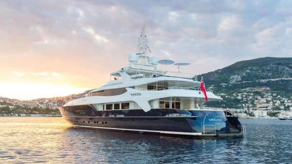 Luxury yacht at sunset before dry dock maintenance supported by marine HVAC hire.