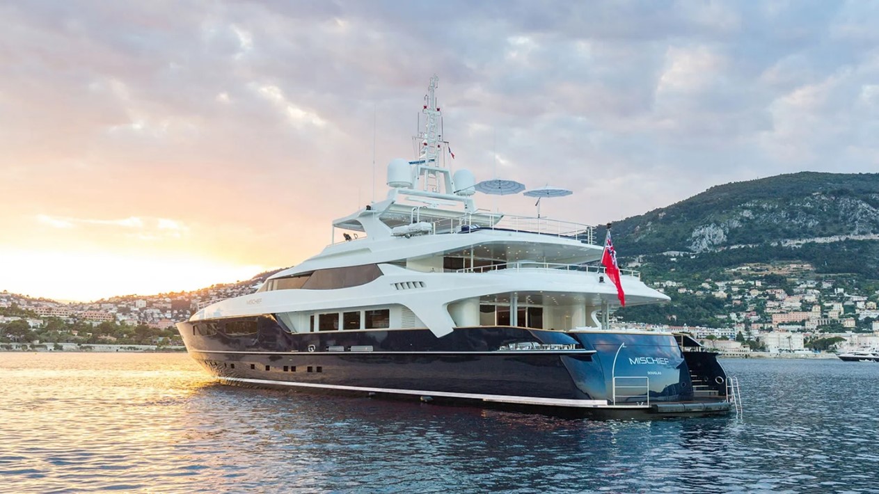 Luxury yacht at sunset before dry dock maintenance supported by marine HVAC hire.